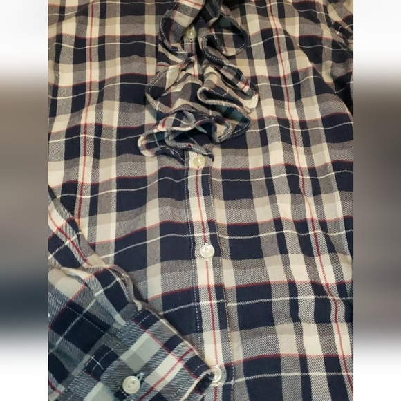 LRL Lauren Jeans Co Ralph Lauren Ruffled Flannel Shirt Ladies M Blue White Red - Picture 5 of 6